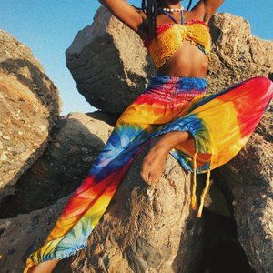 Tie Dye Yoga Outfit Beach Harem Pants Tube Top Rainbow Boho Free Size Bohemian
